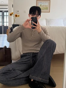 DAZY 男士灰色長袖圓領半鈕扣T恤，春秋款 - 灰色 - 查看 7