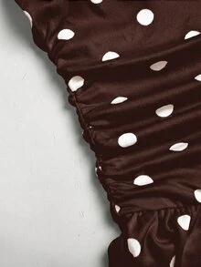 SHEIN 青少年女孩休閒不對稱肩抓褶波點印花無袖溜冰裙，優雅公主風，正式穿著，姊妹裝，派對洋裝 - 棕色 - 查看 7
