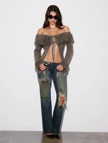 BAD SUNDAY Fall/ Women's Fuzzy Collar Cuff Off-Shoulder Elegant Knit Top, Sexy Vintage Style Club Party Olive Green - Khaki - View 3