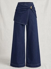 SHEIN Women's Metal Decor Asymmetric Design Wide Leg Casual Denim Jeans - Blue - View 2