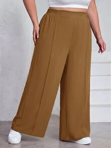 SHEIN CURVE+ 大尺碼女款純色百褶褲，黑色寬鬆寬腿褲，Curve Plus，波希米亞度假風 - 卡其色 - 查看 3