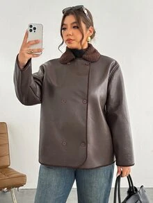 Firerie Plus Size Button Faux Fur & PU Material Patchwork Jacket - Brown - View 6