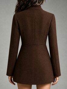 Yalmera Women's Autumn/Winter Solid Color Double-Breasted Zipper Placket Napoleon Overcoat - Brown - View 2