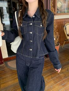 DAZY Women's Long Sleeve Single-Breasted Casual Denim Jacket - Blue - View 1