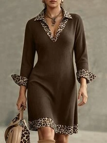 Weeklong Plus Size Ribbed Fleece Knit Mini Dress Leopard Print 2 In 1 Long Sleeve Casual Outfit - Brown - View 1