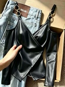 Franclia Women's Solid Color PU Leather Cold Shoulder Long Sleeve Fashion Top - Black - View 5