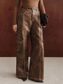 Anewsta Fashionable Modern Autumn Outfit For Women Brown Washed Distressed Casual Commute Cargo Pants With Pockets Long Pants - Brown - View 3