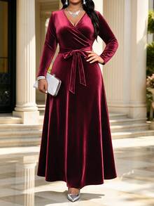 SHEIN Lady CURVE 大尺碼女款純色重疊V領長袖優雅洋裝，適合秋季聖誕正式場合、雞尾酒會與晚餐，酒紅色 - 酒紅色 - 查看 1
