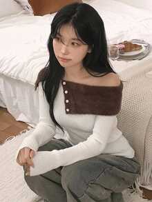 DAZY Women's Colorblock Off-Shoulder Casual Daily Long Sleeve Sweater Fall - White - View 5