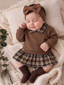 SHEIN 新生兒棕色可愛拼色格紋長袖領口洋裝嬰兒 - 棕色 - 查看 8