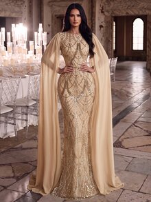 Elovaire Sequin Embellished Long Evening Gown, Elegant Formal Romantic Mermaid Silhouette Fall Wedding Prom Graduation Party Christmas Beige - Champagne - View 3