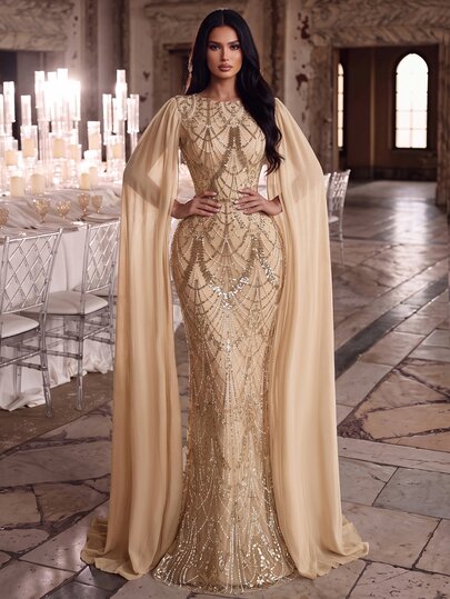 Elovaire Sequin Embellished Long Evening Gown, Elegant Formal Romantic Mermaid Silhouette Fall Wedding Prom Graduation Party Christmas Beige