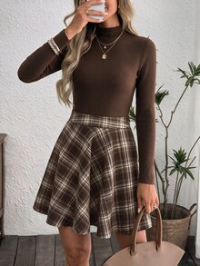 SHEIN LUNE طقم نسائي كاجوال للتنقل اليومي من قطعتين بنقشة مربعات وأكمام طويلة، أساسي وعصري لفصلي الخريف والشتاء - بني - مشاهدة 7