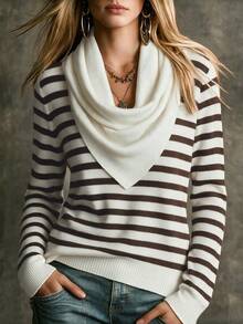 SHEIN Holidaya Women Draped Cowl Neck Knit Sweater, Autumn Slim Long Sleeve Basic Undershirt - Multicolor - View 5