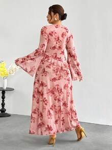 Firerie Vestido elegante con estampado floral y ribete de volantes para tallas grandes - Rosa - Ver 2