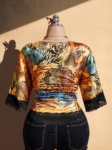 SHEIN ICON 大尺碼 Y2K 復古性感豹紋 V 領蕾絲拼接喇叭袖上衣 - 彩色 - 查看 2