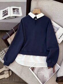 SHEIN 青少年女孩襯衫領拼接蝴蝶結裝飾套頭長袖鬆緊運動衫，秋冬可愛素色上衣 - 藏蓝色 - 查看 13