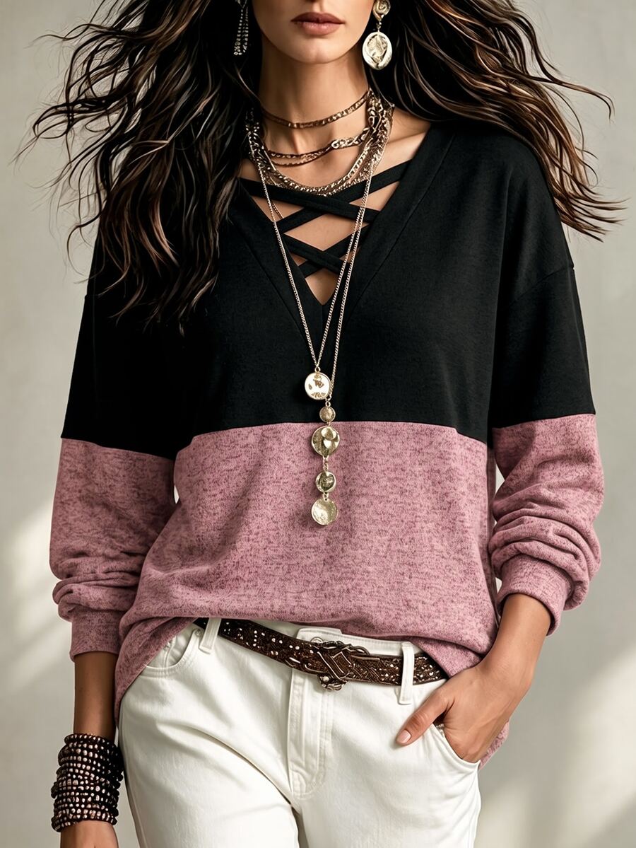LUMIGAL Women's Spring/Autumn Two Tone Crisscross V-Neck Drop Shoulder Loose Sweatshirt - Multicolor - View 1