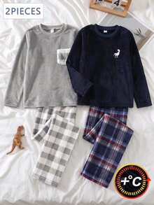 Genkimix Kids 2件組男童深藍色秋冬毛絨睡衣套裝，休閒字母刺繡長袖上衣與長褲，居家休閒服裝套裝 - 藏蓝色 - 查看 5