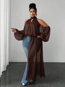 Maweii Plus Size Sexy Cold Shoulder Design Asymmetrical Hemline Blouse - Brown - View 1