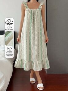 DAZY 碎花荷葉邊拼接無袖女款睡裙 - 綠色 - 查看 4