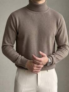 DAZY Spring/Autumn Solid Brown Textured Knit High Neck Fitted Base Layer Commute Korean Style Long Sleeve Men's Sweater - Grey - View 4