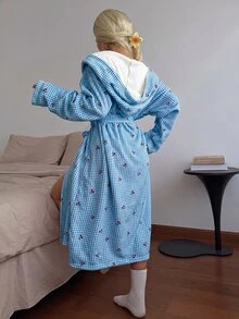 Softscene 女款冬季毛絨粉色格紋櫻桃印花連帽睡袍 - 藍色 - 查看 2