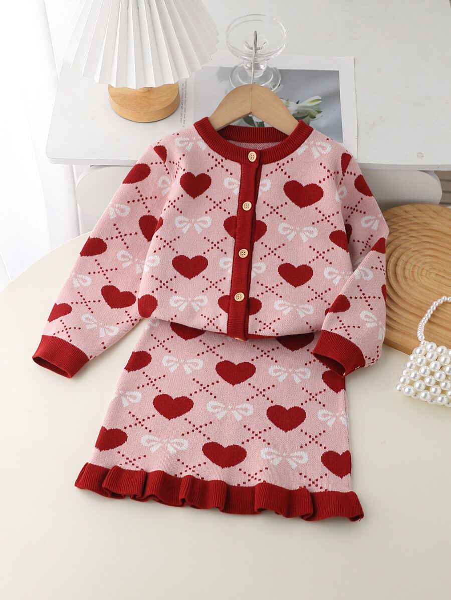 Young Girl' Sweater Set, Stylish Heart‑Patterned Cardigan Top With Skirt - Pink - View 1