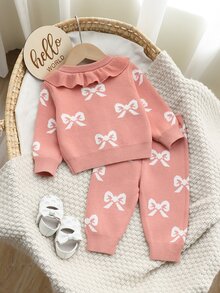 SHEIN Baby GirlSweater Set, Stylish & Cute Lace‑Collared Floral Top With Pants - Dusty Pink - View 2