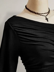SHEIN ICON 大尺碼辣妹金屬扣褶皺長袖洋裝 - 黑色 - 查看 9