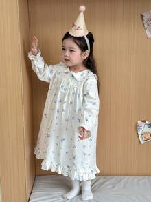 DAZY Baby Girls Ruffle Trim Ditsy Floral Long Loose Loungewear - Blue and White - View 1