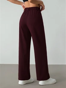SHEIN PETITE Women's Solid Color Casual Versatile Daily Wear Long Pants - Red Violet - View 3