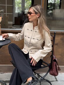 Serisse Women's Streetwear Button Decor Long Sleeve Jacket - Apricot - View 5