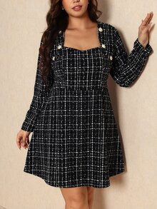Elaquor Plus Size Women's Vintage 1920 Elegant Collegiate Style Printed Sweetheart Neckline Button Decor Waist-Cinching, Fall/Winter, Thanksgiving, New Year - Black - View 6