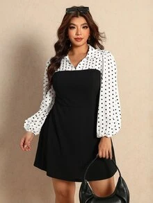 Elaquor فستان كاجوال نسائي مقاس كبير بتصميم رقعات ونقاط بولكا 2 في 1 بأكمام طويلة - الأسود - مشاهدة 3