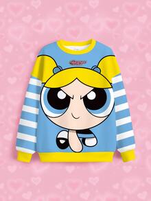 THE POWERPUFF GIRLS X SHEIN 少女條紋卡通印花圓領長袖休閒運動衫 - 白色 - 查看 4