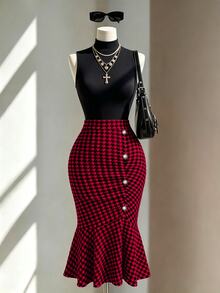 Fine & Folde Women's Houndstooth Casual Versatile Daily Skirt - Red - View 1