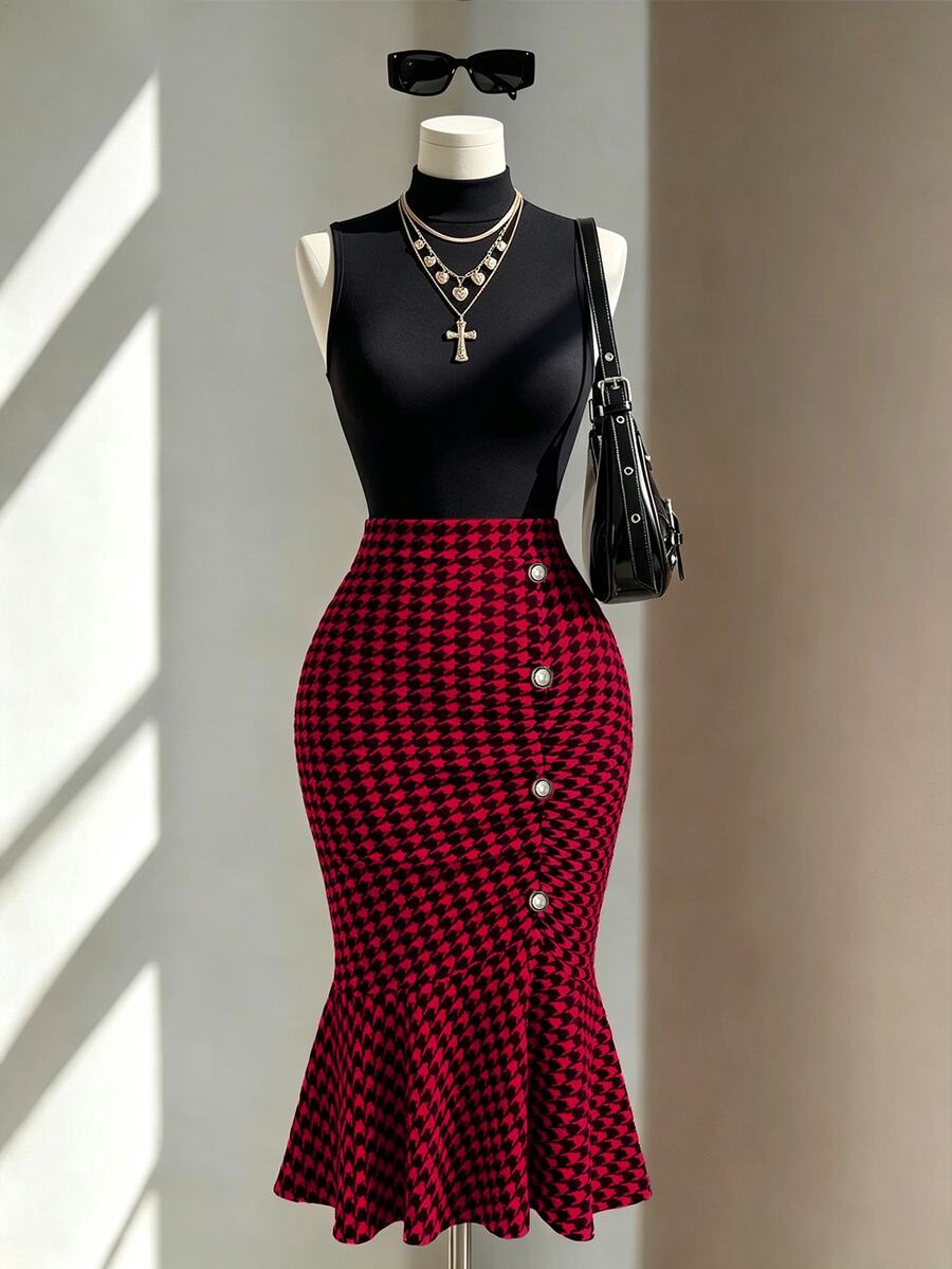 Fine & Folde Women's Houndstooth Casual Versatile Daily Skirt - Red - View 1