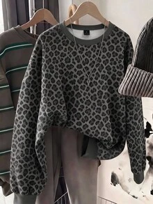 SHEIN LUNE 女款休閒圓領寬鬆衛衣，豹紋印花衛衣，女款秋冬服飾 - 彩色 - 查看 1