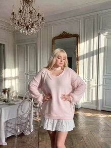 Lyrianda Sweater Lengan Panjang Wanita Ukuran Besar Warna Polos Kasual Serbaguna untuk Pemakaian Sehari-hari di Musim Dingin - Berwarna merah muda - View 6
