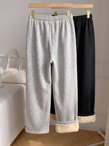 SHEIN EZwear 秋冬女款保暖內裡加厚寬鬆休閒寬腿運動褲2件套，買1送1，超保暖，適合日常通勤、約會、派對、秋冬、夏季、婚禮、海灘、畢業典禮，優雅休閒，適合外出，Y2K風格，聖誕節等 - 彩色 - 查看 2