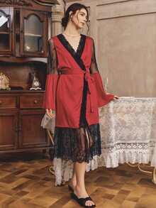 Côtesoire Mature Sexy Elegant Contrast Color Lace Patchwork Burgundy Satin Women's Robe - Burgundy - View 6