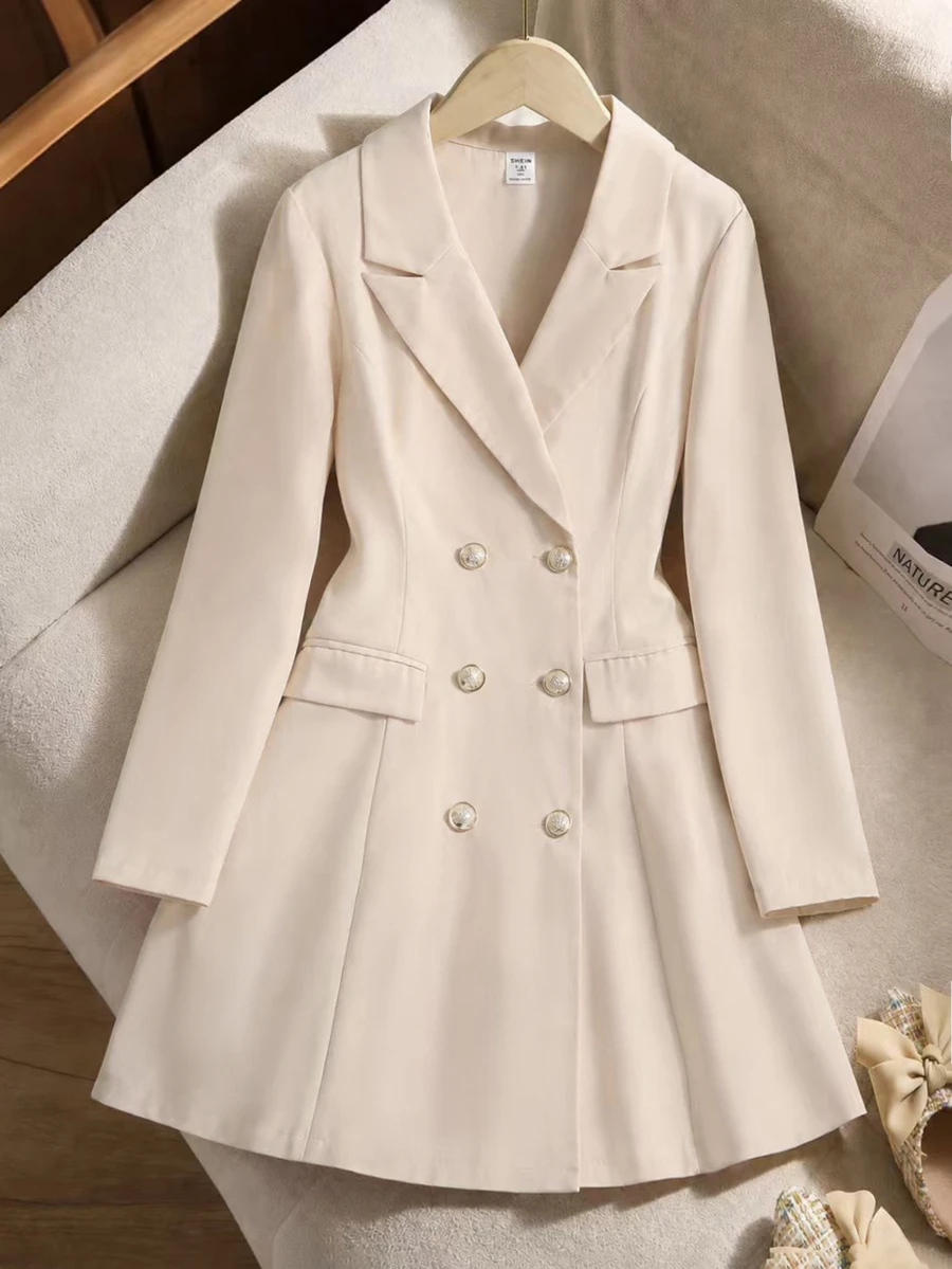 SHEIN Tween Girl Tween Girl Girls Casual Comfortable Elegant Gentle Daily Versatile Small V-Neck Button Pleated Hem Waist-Cinching Fitted Autumn Jacket - Apricot - View 1