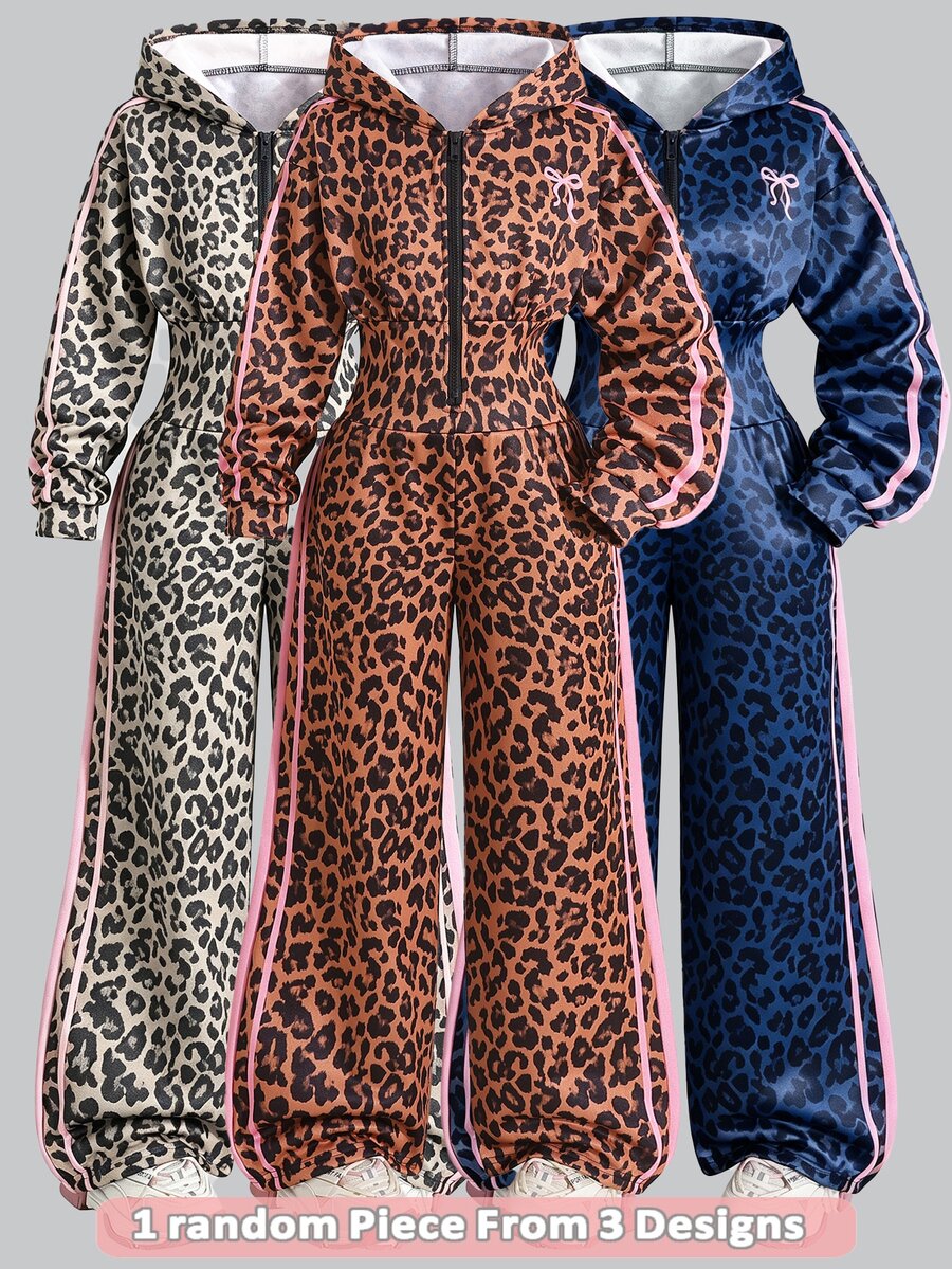 SHEIN 1件女童亮粉色時尚休閒連帽拉鍊寬鬆字母毛巾刺繡拼接衛衣與高腰刷毛長褲套裝,適合室內/戶外運動、學校、街頭及任何場合,春秋冬季適用 - 棕色 - 查看 1