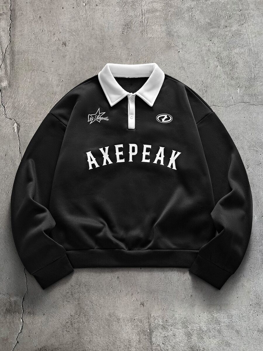 AXEPEAK 男士寬鬆針織長袖套頭運動衫 - 黑色 - 查看 1