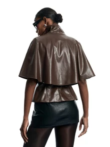 LYSMO Women's Solid Color PU Leather Fashion Versatile Daily Casual Jacket - Brown - View 2