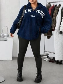 SHEIN EZwear 大尺碼 2 件套：海軍藍休閒字母印花拉鍊抓絨連帽衫與修身瑜伽褲，百搭大尺碼風格，適合秋冬穿著 - 藏蓝色 - 查看 7