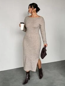 Rosumi Long Fitted Long Sleeve Round Neck Dress - Dusty Purple - View 1