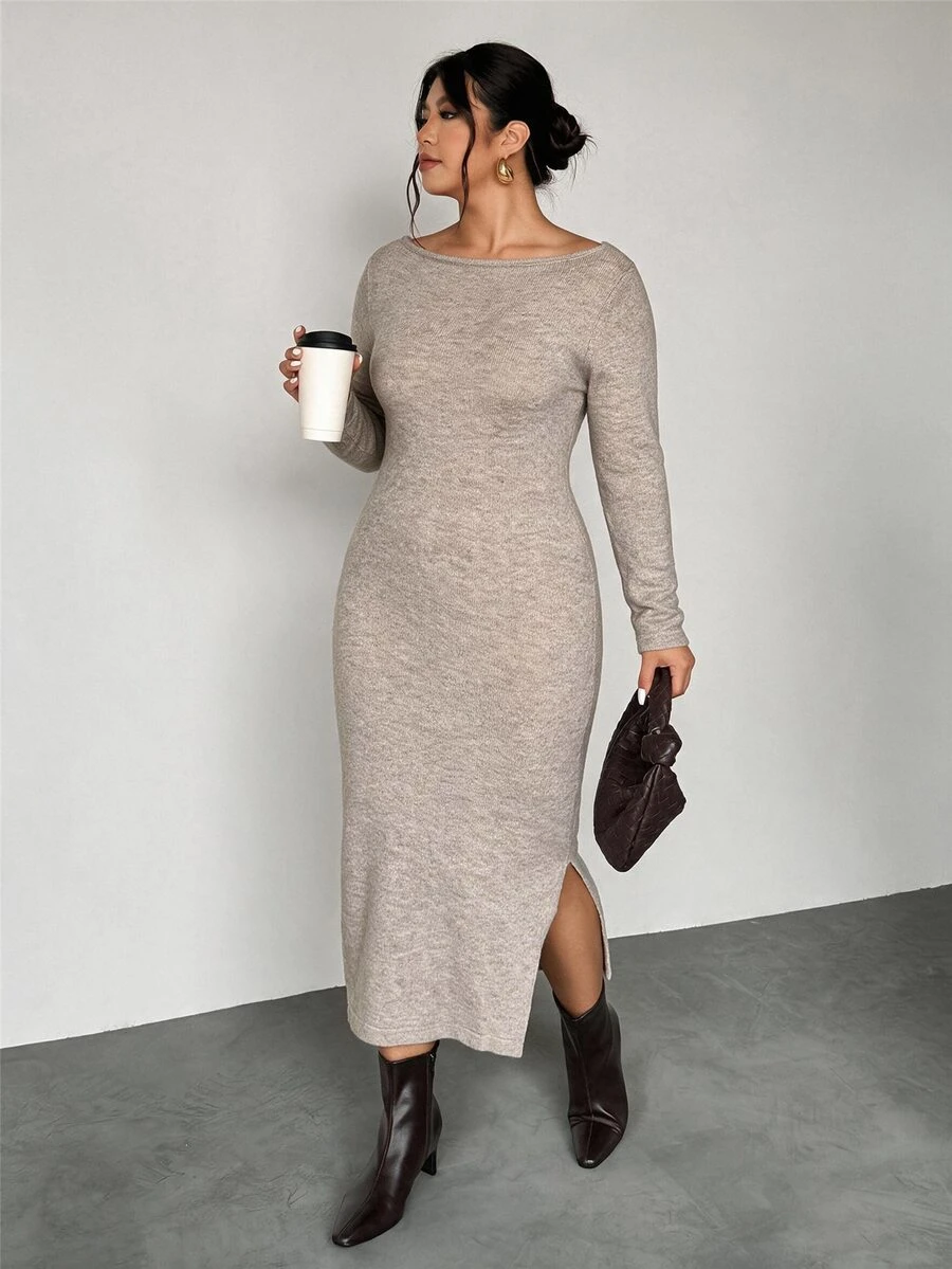 Rosumi Long Fitted Long Sleeve Round Neck Dress - Dusty Purple - View 1