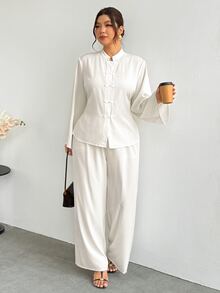 Firerie Plus Size Vintage Frog Button Long Sleeve Shirt And Loose Pants 2 Pieces Set - Beige - View 5